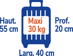 Pour les bagages en soute, max 30kg, hauteur de 55cm, largeur de 40cm et profondeur de 20cm